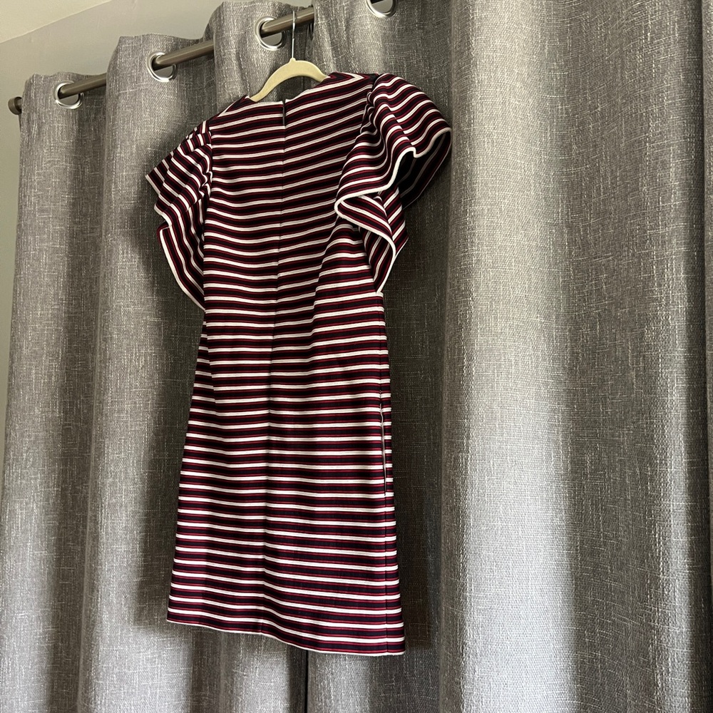 MSGM Milan red white & blue striped dress with ruffle short sleeves & pockets - Picture 8 of 16